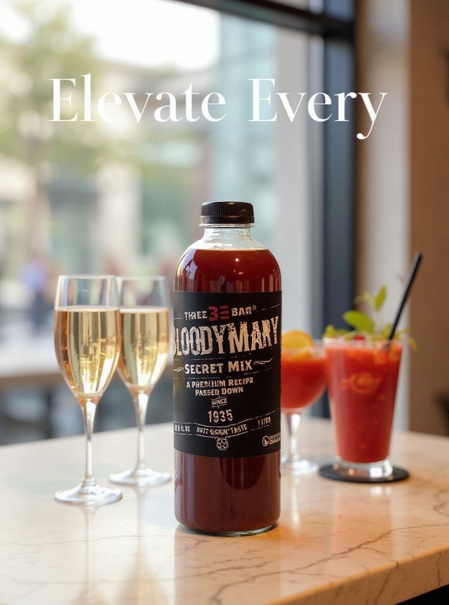 Garnished Bloody Mary made with Three Bar mix