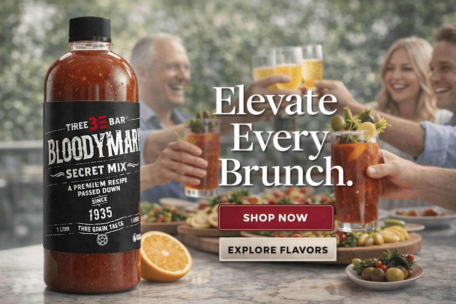 Three Bar Bloody Mary mix bottle on a bar top